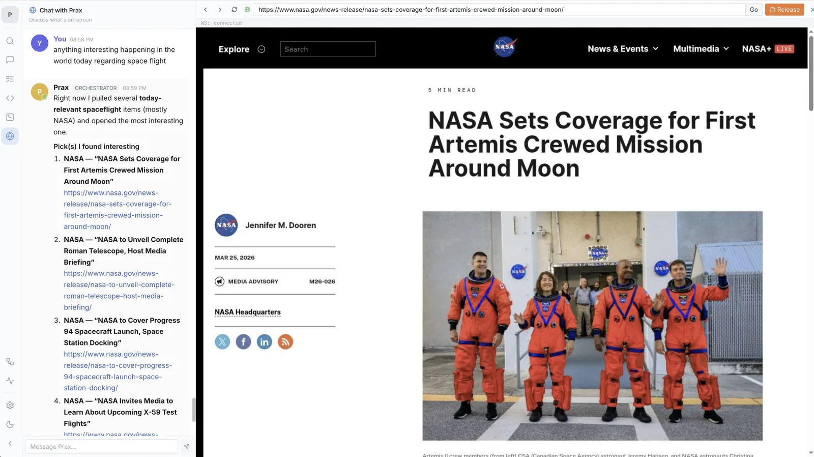 TeamWork chat with Prax beside a live browser screencast of a NASA article the agent opened